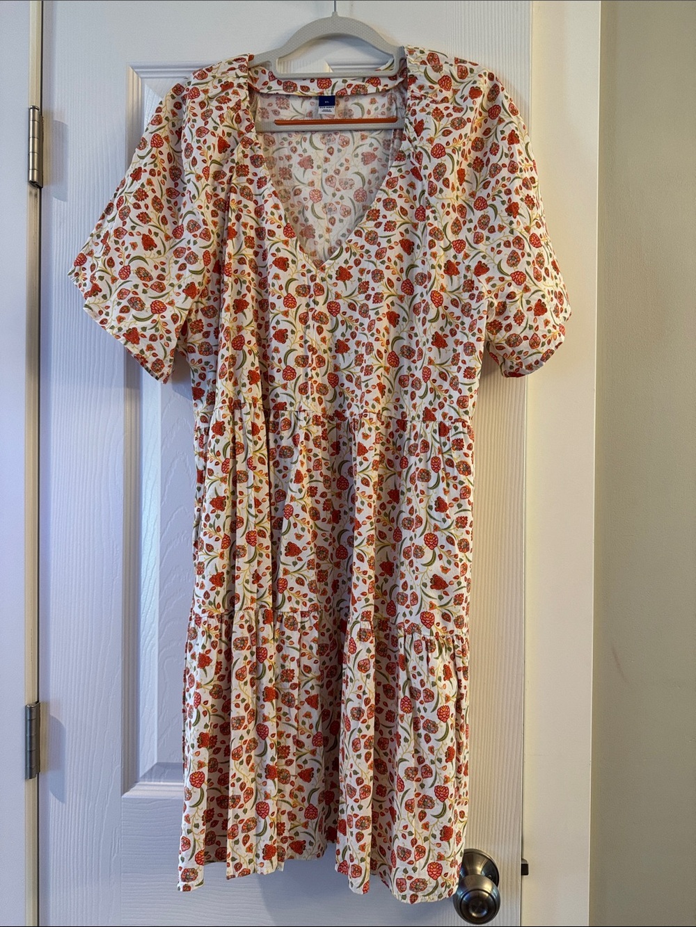 Old Navy Cream Tiered V-Neck Short Sleeve Dress with Orange & Green Floral Print